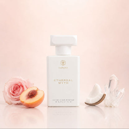 Front view of Ethereal Myth perfume bottle showcasing white rectangular bottle with pump cap, peach, coconut, and rose on pink background