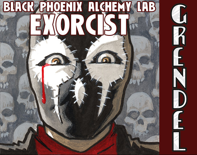 Artistic depiction of a character wearing a mask with a red tongue, surrounded by skulls, from Black Phoenix Alchemy Lab's Exorcist Grendel series.
