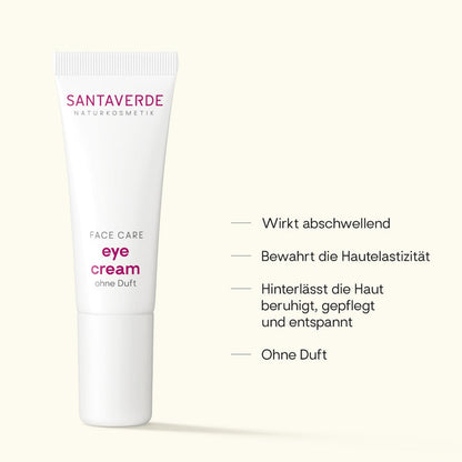 antaverde Eye Cream ohne Duft – Naturkosmetik Augencreme mit Aloe Vera, Produktdarstellung mit USPs und Anwendungsvorteilen auf hellem Hintergrund