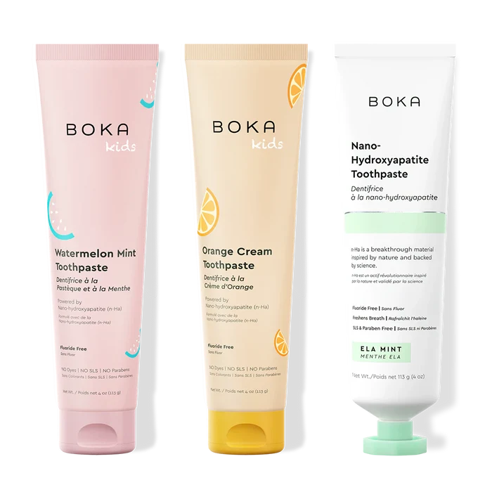 Three bottles of Boka Nano-Hydroxyapatite Toothpaste on a white background
