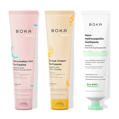 Three bottles of Boka Nano-Hydroxyapatite Toothpaste on a white background