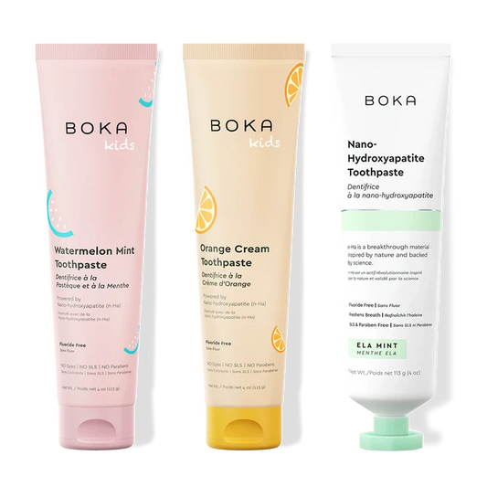 Three bottles of Boka Nano-Hydroxyapatite Toothpaste on a white background