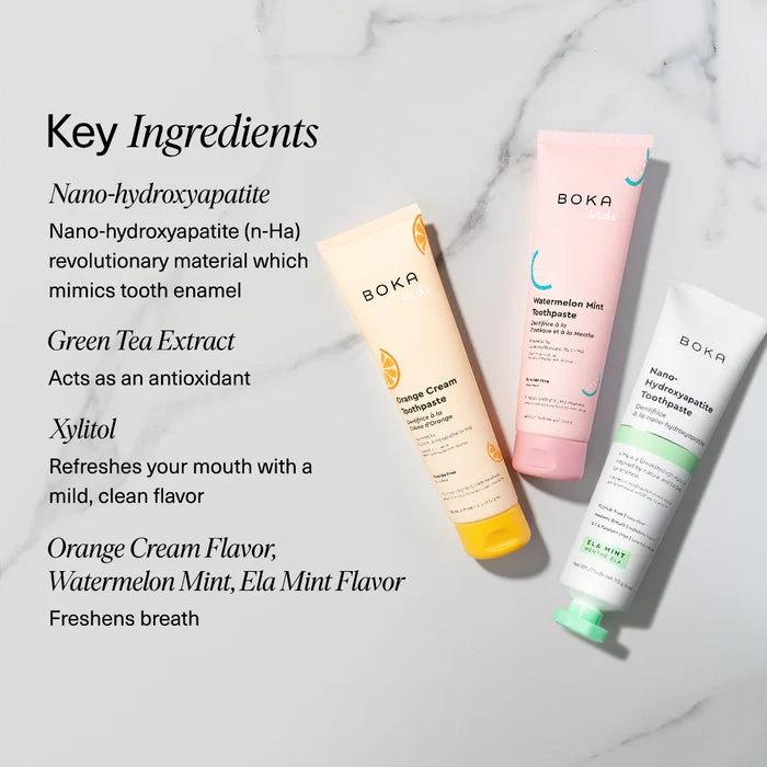 Boka toothpaste tubes on a textured towel with mint leaves, alongside key ingredients listed
