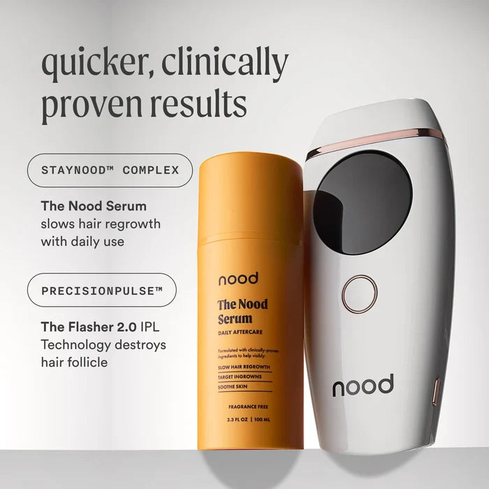 Nood Flasher 2.0 and Nood Serum bundle showing StayNood Complex and PrecisionPulse IPL technology for quicker clinically proven hair removal results