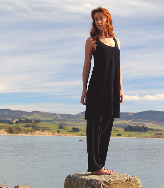 Silk Crepe-de-Chine Float-cut Dancing Dress in Black paired with Black silk Crepe-de-Chine Trousers