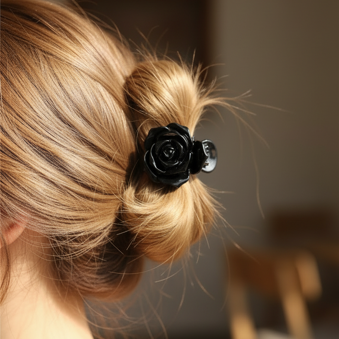 Floral Rose Hair Claw Clip Set – Elegant Tortoise Shell & Black Non-Slip Hair Accessories (HC11737)