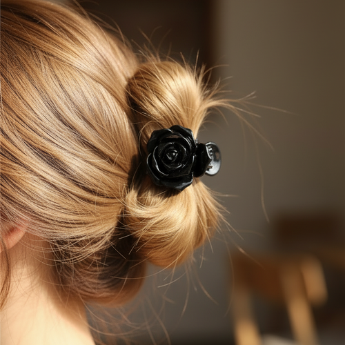 Floral Rose Hair Claw Clip Set – Elegant Tortoise Shell & Black Non-Slip Hair Accessories (HC11737)