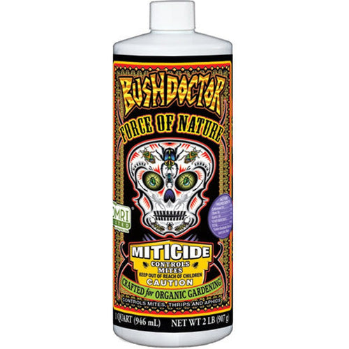 A bottle of FoxFarm Bush Doctor Force of Nature Miticide with a label featuring a skull and decorative elements, indicating it is a miticide for controlling various insects on plants.