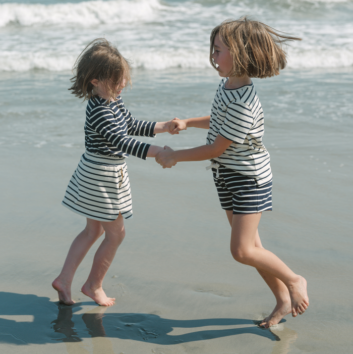 girls cream and navy stripe skirt with shorts