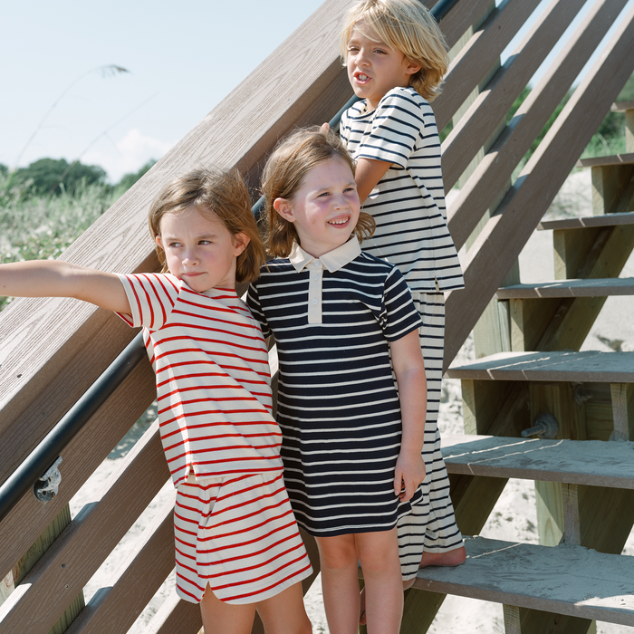girls navy and cream stripe short sleeve tennis dress