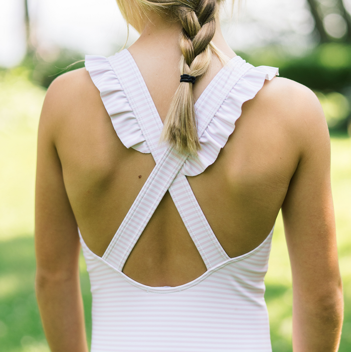 girls pink stripe crossover one piece