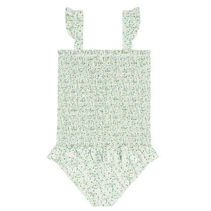 girls sea marsh floral ruffle smocked one piece
