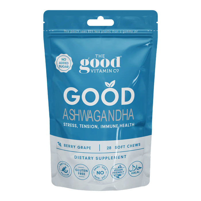 Blue package of 'Good Ashwagandha' dietary supplement from The Good Vitamin Co on a white background
