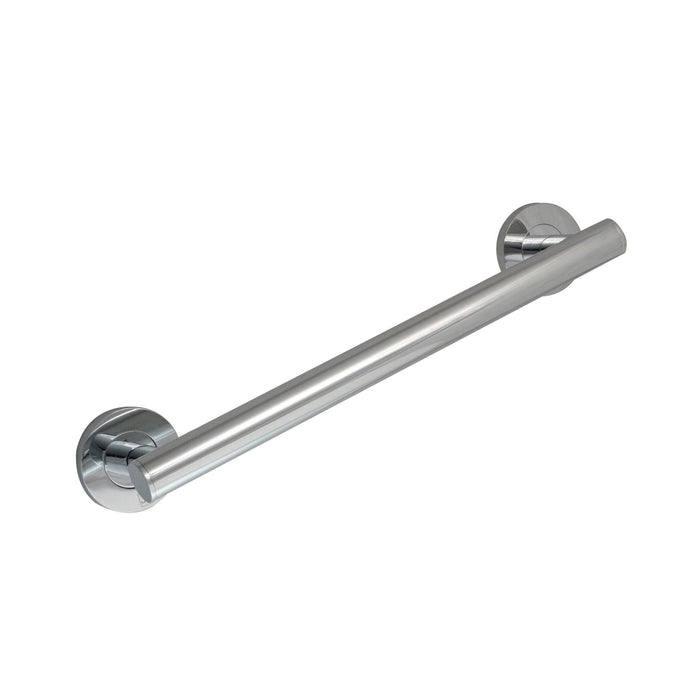 A modern wall-mounted stainless steel grab bar with a chrome finish.
