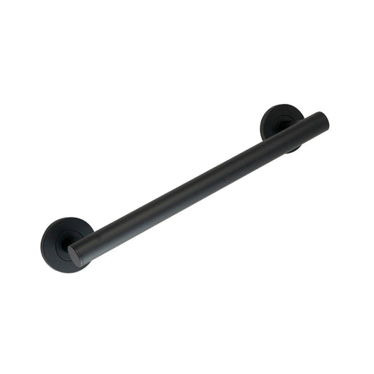 Matte black metal grab bar with circular wall mounts on a plain white background.