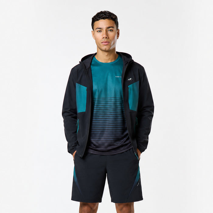 Model wears the black and teal mens tri-set, including shorts, windbreaker and t-shirt