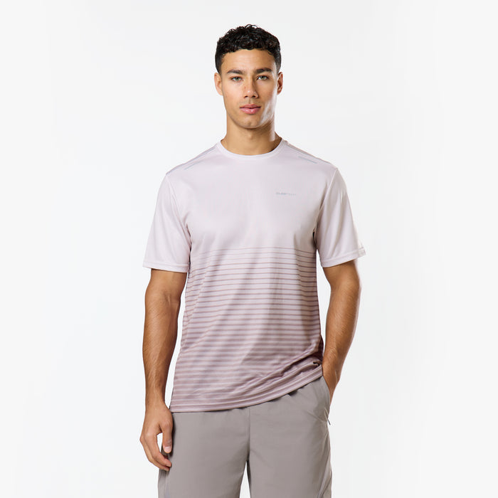 Model wears the tri-set technical gradient t-shirt with closure logo and grey shorts