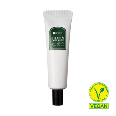 Tube of Green Collagen Eye Cream for Face | Leaders in white packaging with green label and black cap, accompanied by a vegan certification symbol.