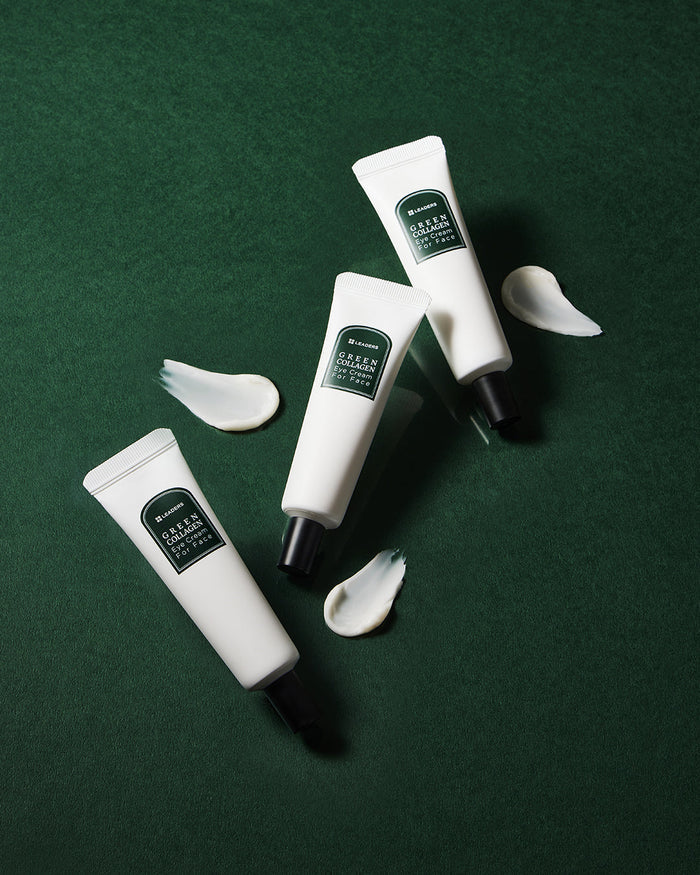 Three tubes of Green Collagen Eye Cream for Face | Leaders arranged on a dark green background with cream swatches beside each tube, demonstrating skincare product texture.