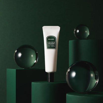 White tube of Green Collagen Eye Cream for Face | Leaders displayed on dark green geometric pedestals with reflective glass spheres, highlighting skincare and wellness.