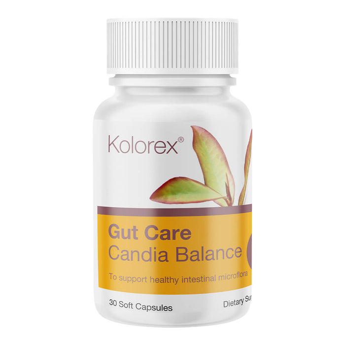 Kolorex Gut Care Candida Balance supplement bottle on a white background.