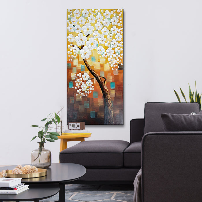 Handmade Oil Painting of Large Vertical Flower in Light Brown on Stretched Canvas