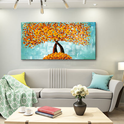 Handmade Oil Painting of Rustic Gold Flowers With Light Teal Background on Stretched Canvas