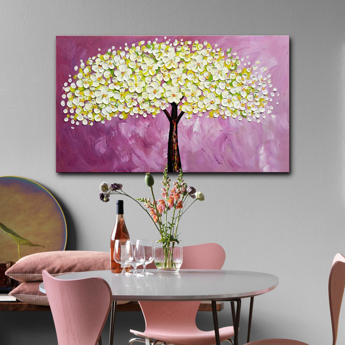 Handmade Oil Painting of White Flower Tree with Purple Bakcground on Stretched Canvas