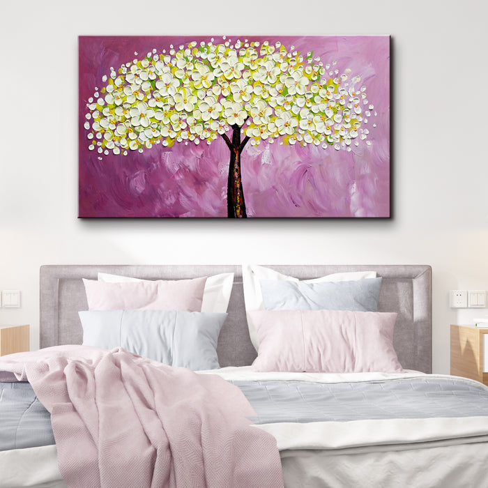 Handmade Oil Painting of White Flower Tree with Purple Bakcground on Stretched Canvas