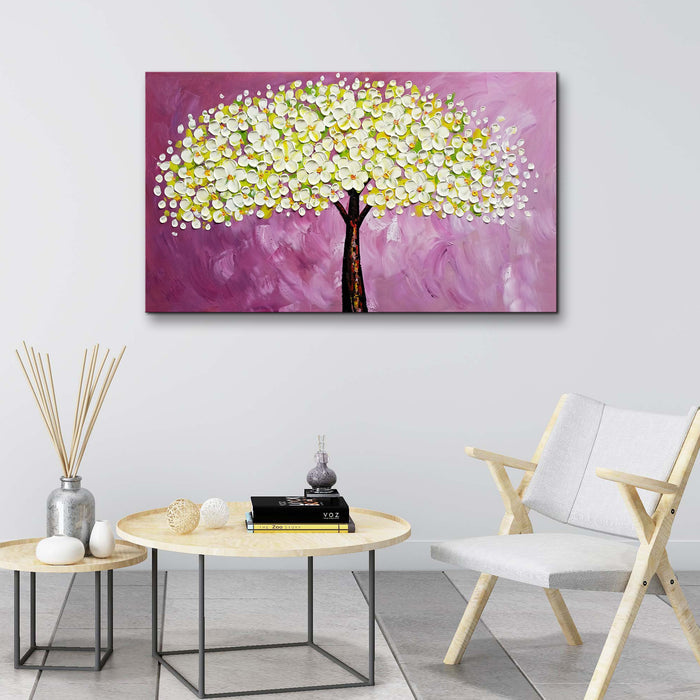 Handmade Oil Painting of White Flower Tree with Purple Bakcground on Stretched Canvas