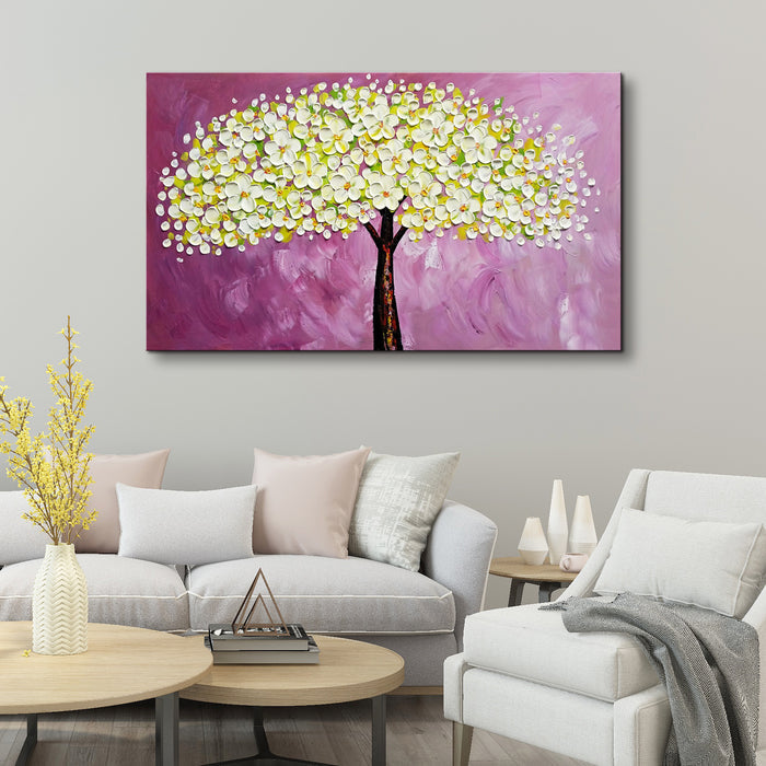 Handmade Oil Painting of White Flower Tree with Purple Bakcground on Stretched Canvas