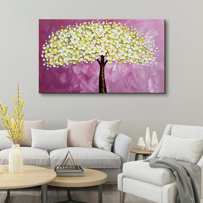 Handmade Oil Painting of White Flower Tree with Purple Bakcground on Stretched Canvas