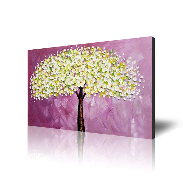 Handmade Oil Painting of White Flower Tree with Purple Bakcground on Stretched Canvas