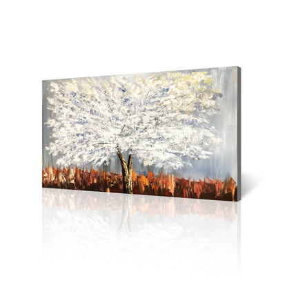 Handmade Oil Painting of White Tree on Stretched Canvas