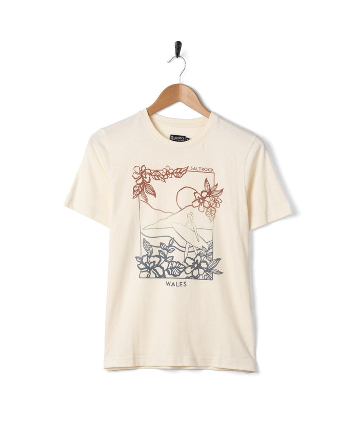 Beige t-shirt with floral design and text on a hanger against a white background