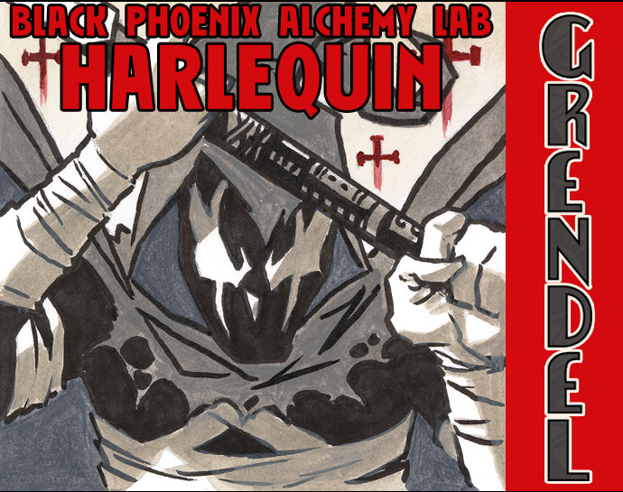 Illustration of a character holding a weapon with 'Black Phoenix Alchemy Lab Harlequin Grendel' text.