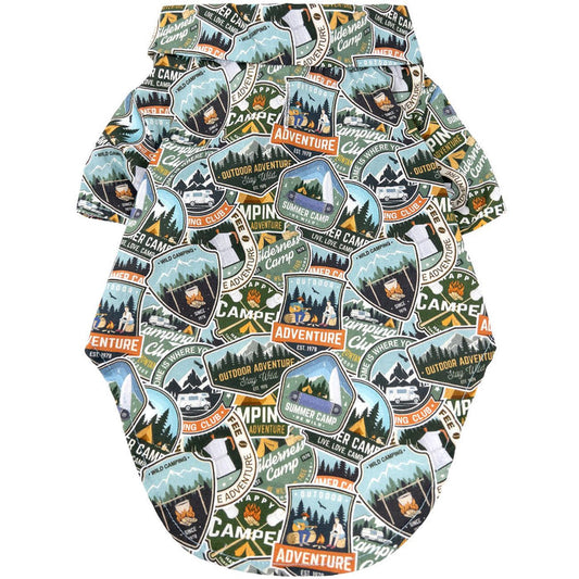 Collection of camping-themed stickers on a white background