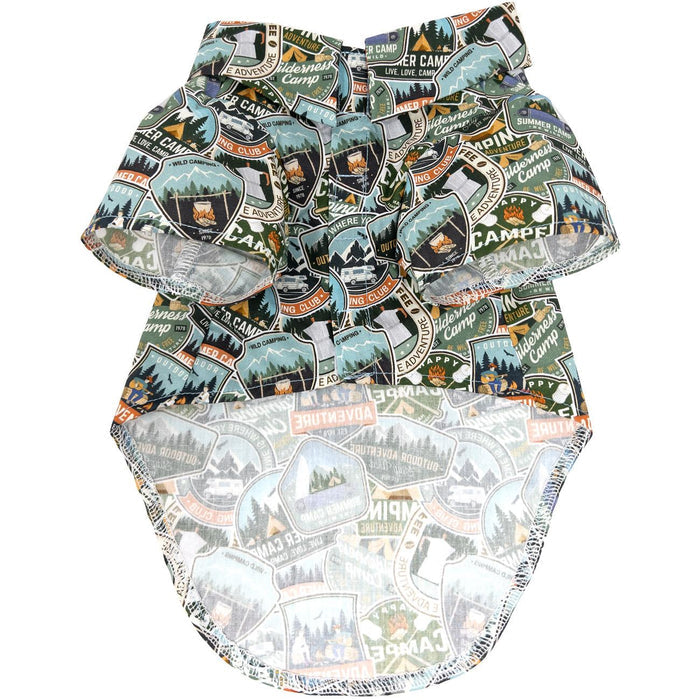 Patterned shorts with camping-themed design on a white background