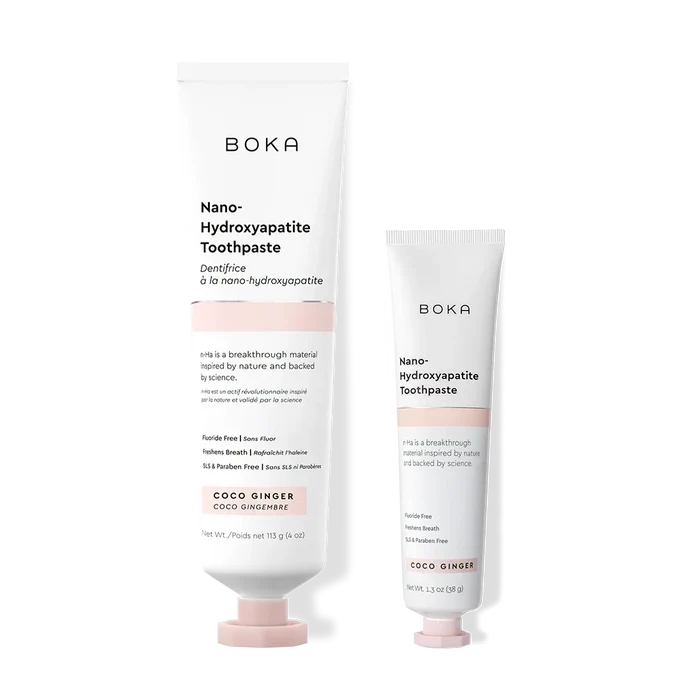 Home & Away: Two Boka toothpaste tubes with nano-hydroxyapatite, shown on a white background.