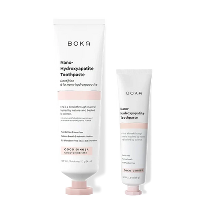 Home & Away: Two Boka toothpaste tubes with nano-hydroxyapatite, shown on a white background.