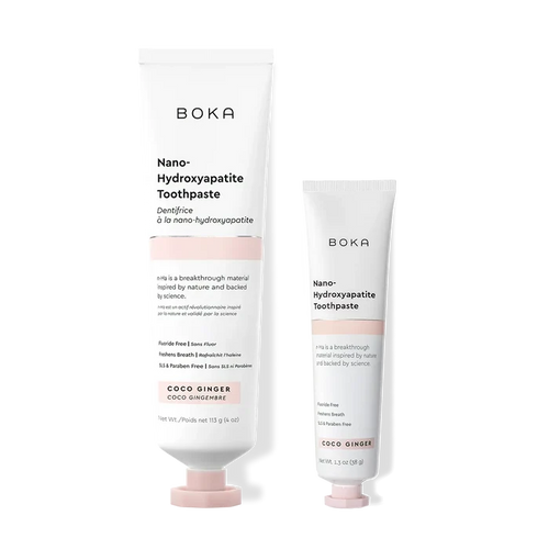 Home & Away: Two Boka toothpaste tubes with nano-hydroxyapatite, shown on a white background.