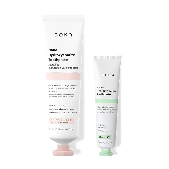 Home & Away: Two Boka toothpaste tubes with nano-hydroxyapatite, shown on a white background.