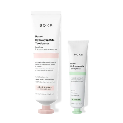 Home & Away: Two Boka toothpaste tubes with nano-hydroxyapatite, shown on a white background.