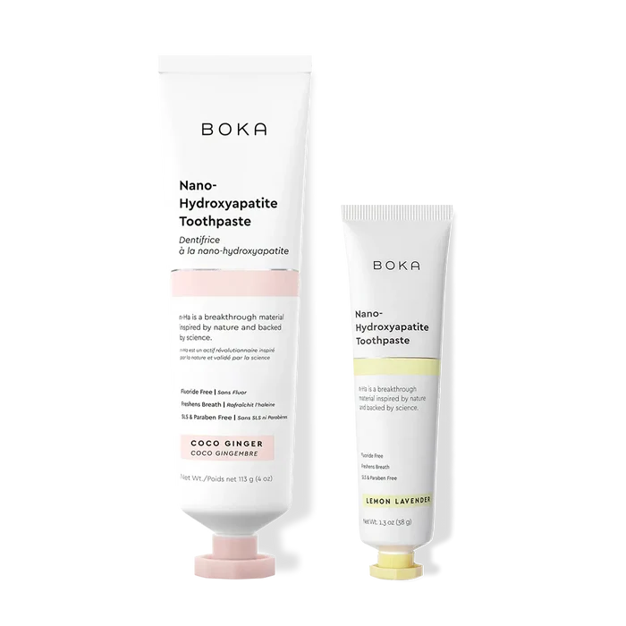 Home & Away: Two Boka toothpaste tubes with nano-hydroxyapatite, shown on a white background.
