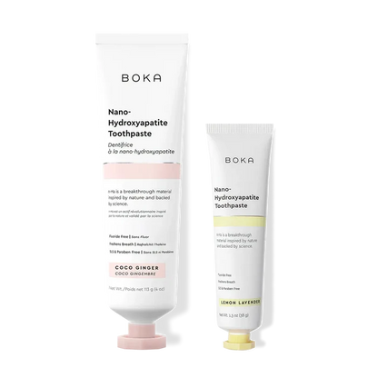 Home & Away: Two Boka toothpaste tubes with nano-hydroxyapatite, shown on a white background.