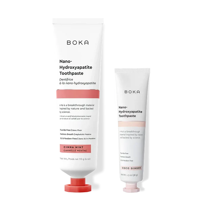 Home & Away: Two Boka toothpaste tubes with nano-hydroxyapatite, shown on a white background.