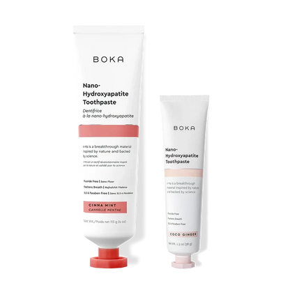 Home & Away: Two Boka toothpaste tubes with nano-hydroxyapatite, shown on a white background.