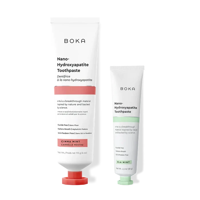 Home & Away: Two Boka toothpaste tubes with nano-hydroxyapatite, shown on a white background.