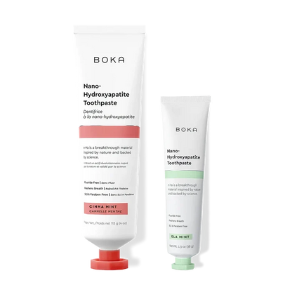 Home & Away: Two Boka toothpaste tubes with nano-hydroxyapatite, shown on a white background.