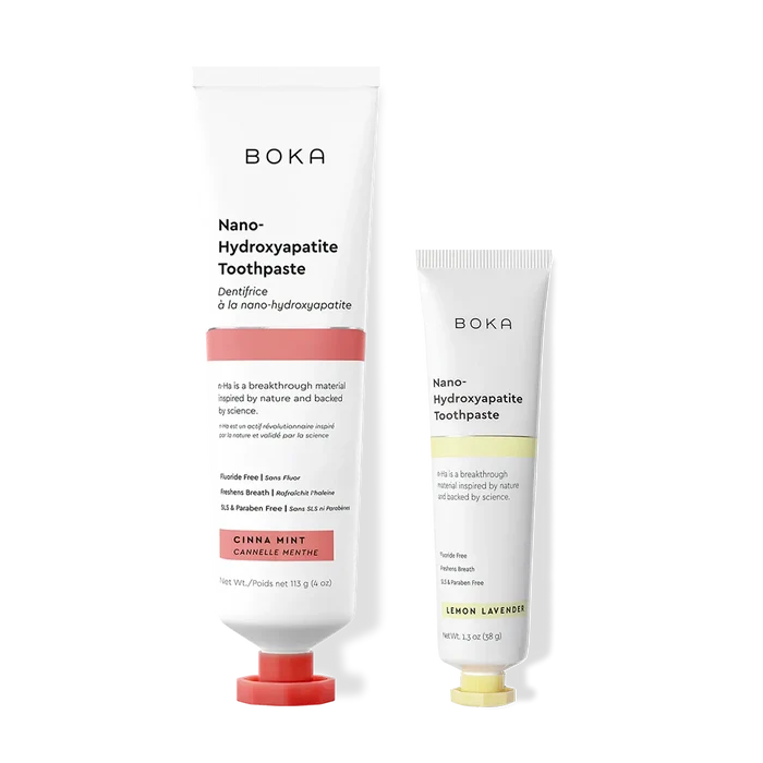 Home & Away: Two Boka toothpaste tubes with nano-hydroxyapatite, shown on a white background.